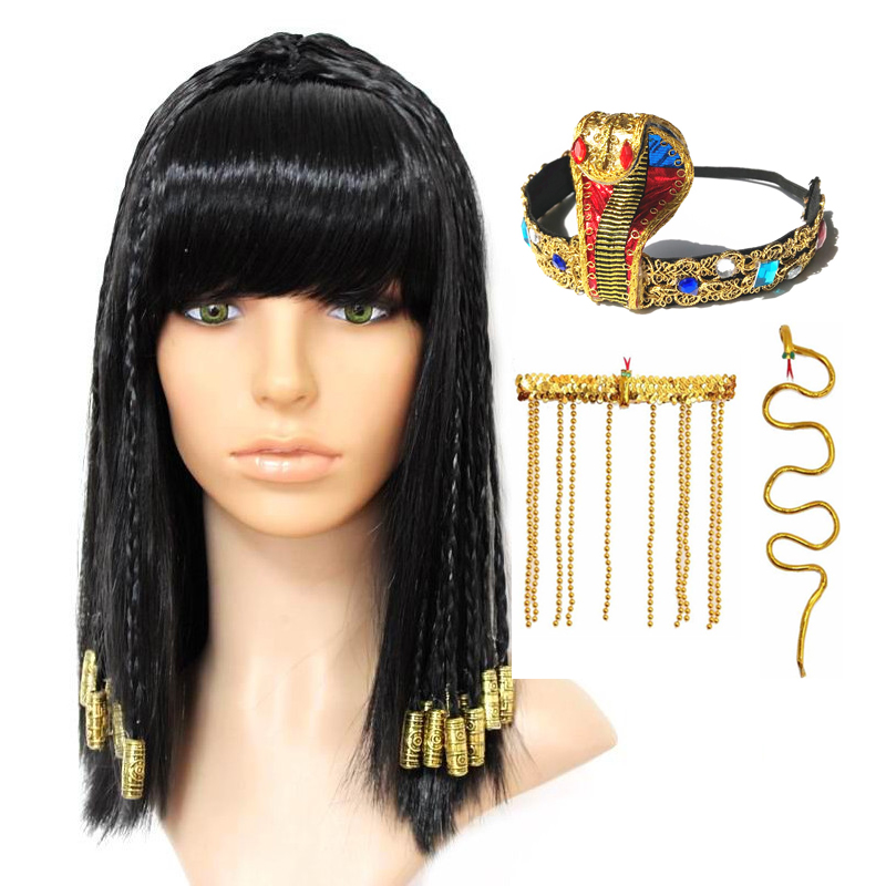 Women Accessories Egypt - Perruque Cléopâtre pour femme, cheveux noirs,